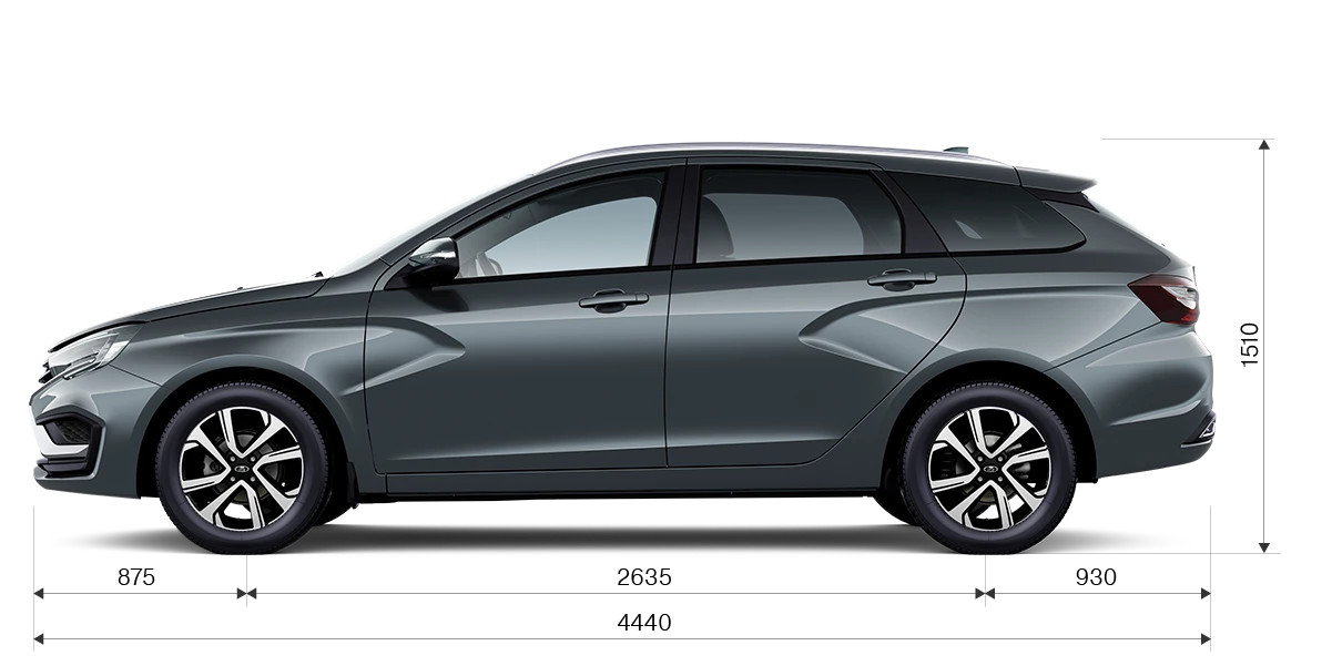 Габариты LADA Vesta SW сбоку: длина 4440 мм, высота 1510 мм, колёсная база 2635 мм